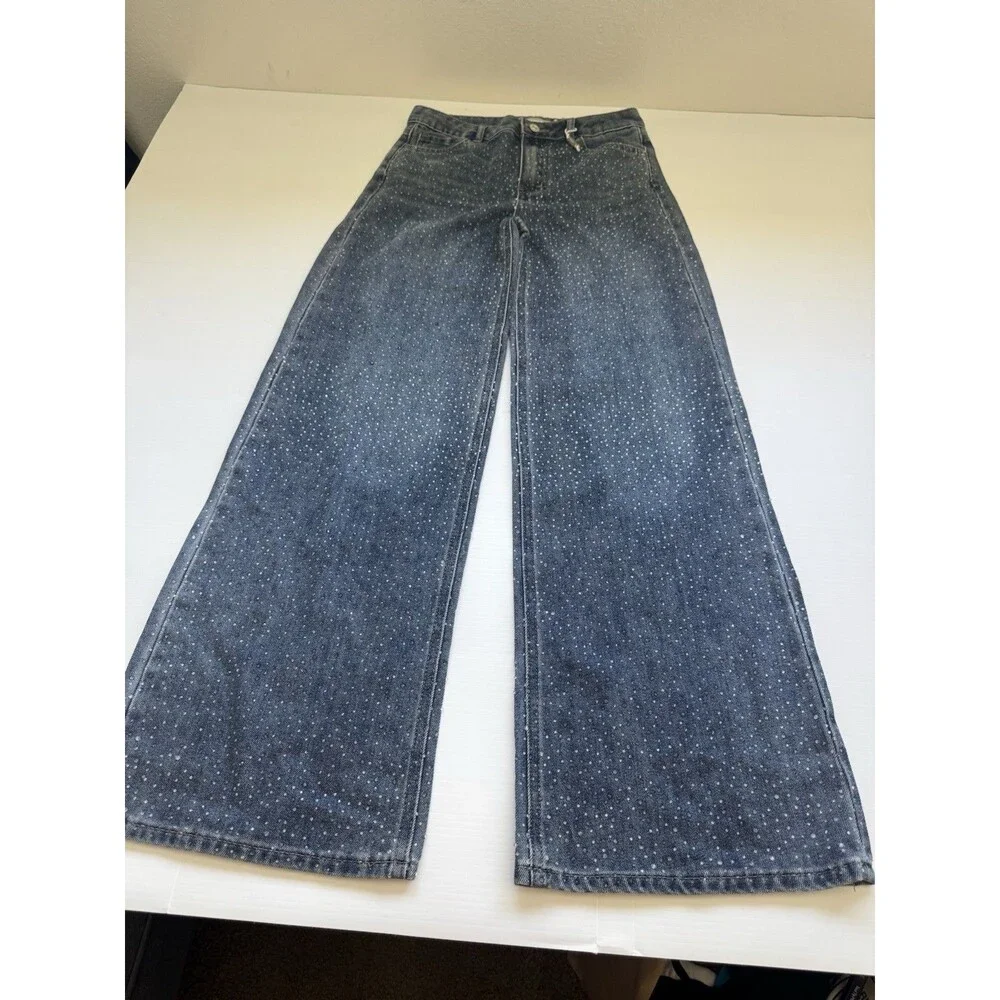 Tractr Girls Size 2 Wide Leg Jeans Blue Rhinestone Studded Denim Pants